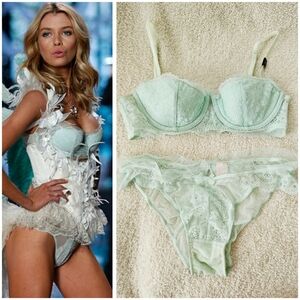 Victorias Secret Dream Angels Balconet Mesh Lace Lingerie Set in Mint Green